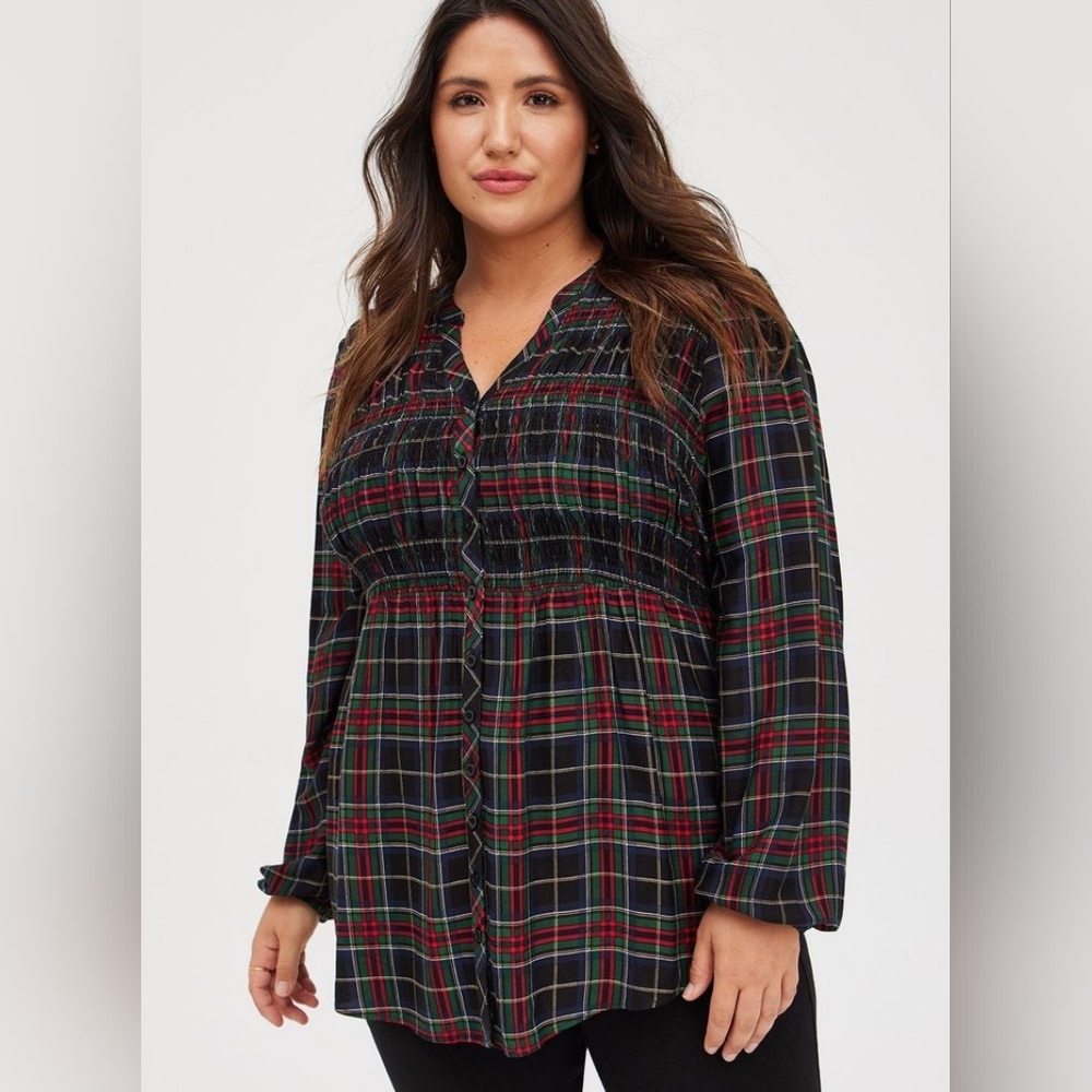 torrid Plaid Smocked Button-Front Babydoll Top 3x